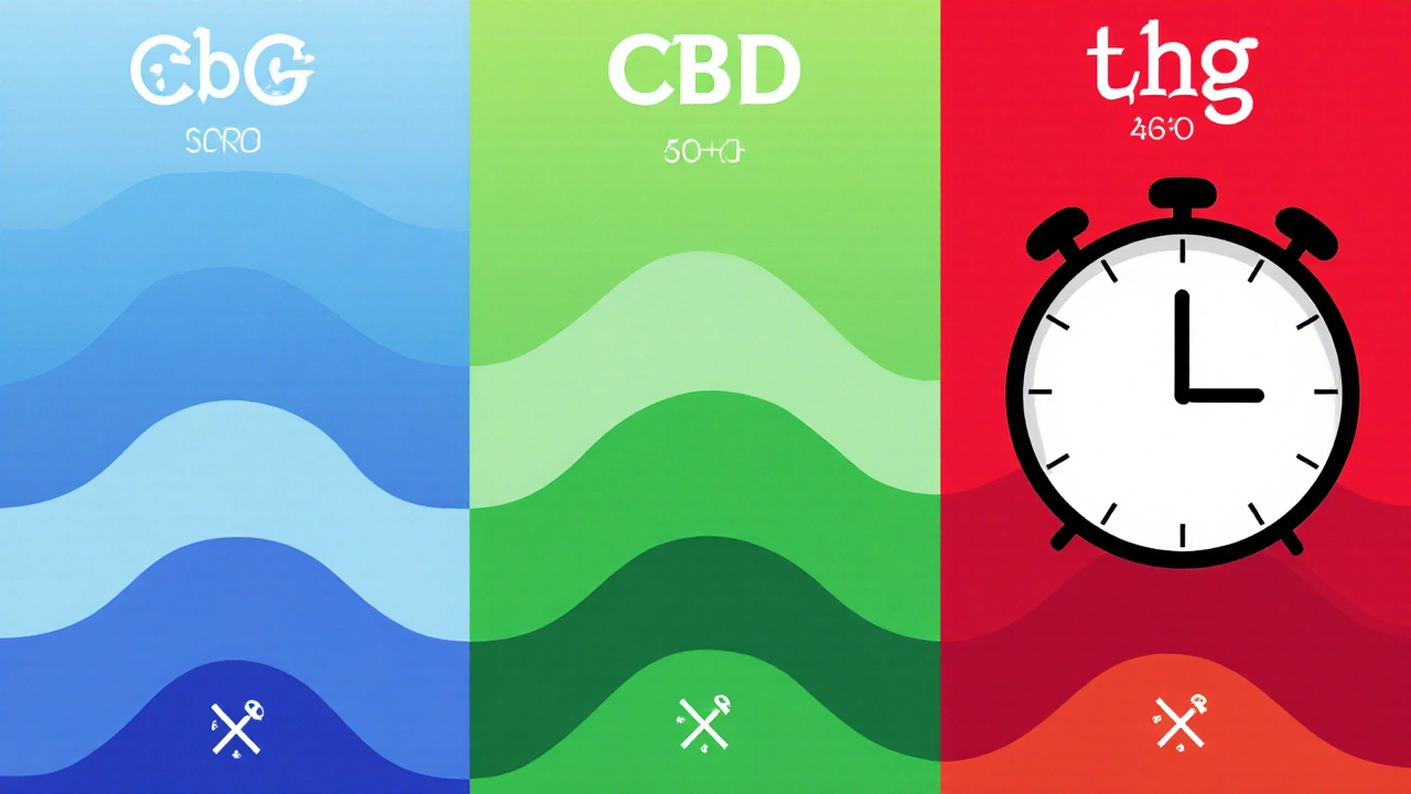 Abstrakte Bildsequenz vergleicht die Wirkungsintensität von CBG, CBD und THC.