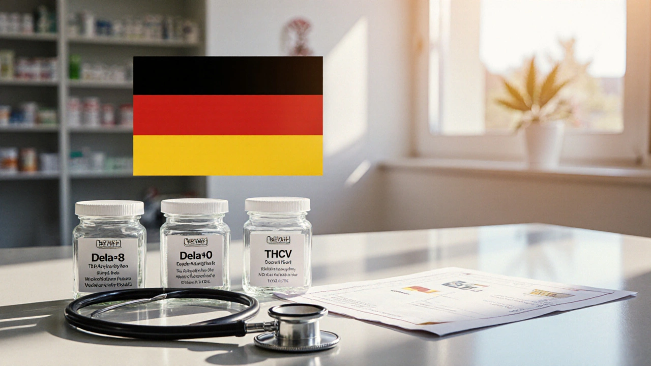 Apothekenregal mit Gläsern für Delta‑8, Delta‑10, THCV, Laborzertifikat und Stethoskop.