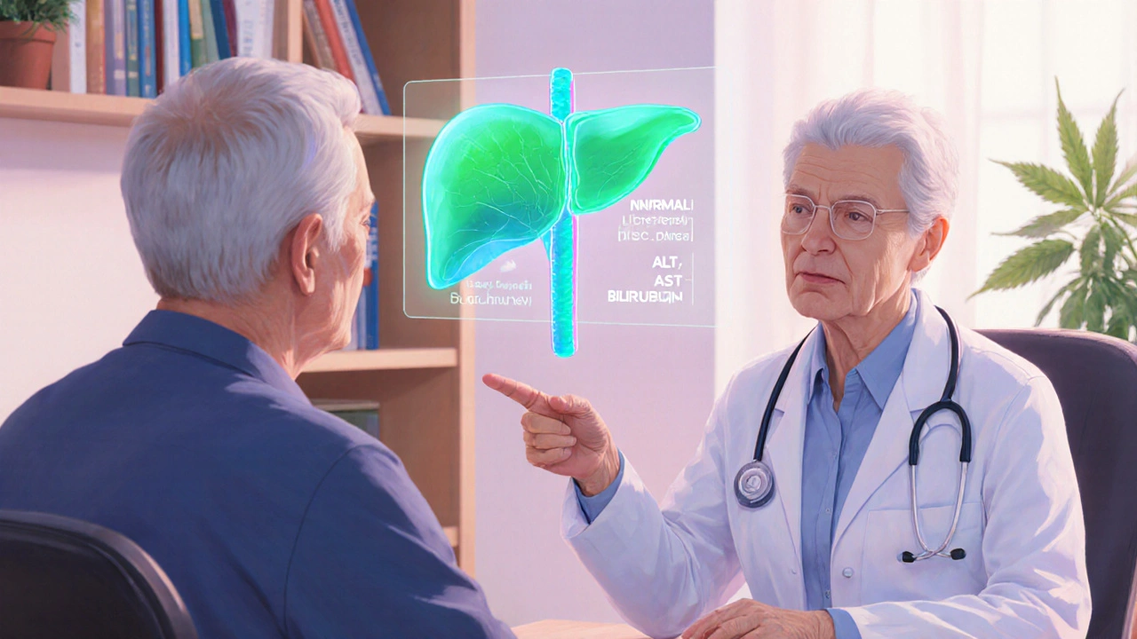 Arzt berät Patient, zeigt holographische Leber‑Grafik und Blutwerte.