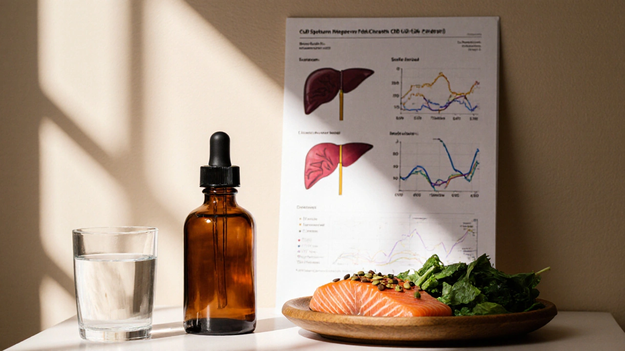 CBD‑Flasche, ärztlicher Befund und gesunde Mahlzeit mit Lachs und Leinsamen.