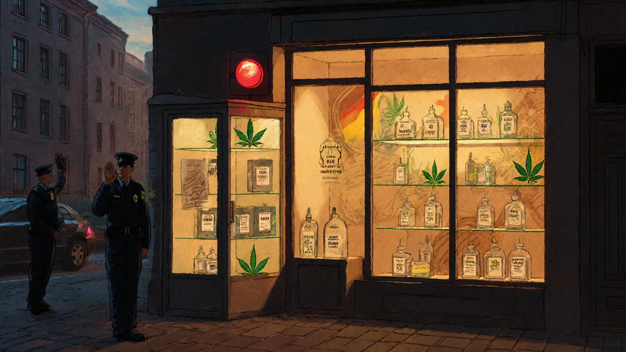 Deutschlands Szene: CBD‑Regale offen, Delta‑8/‑9‑THC hinter Sicherheitssperre.