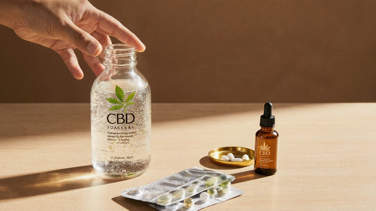 Drei CBD‑Produkte (Drink, Öl, Kapseln) auf Tisch, Hand greift nach dem Drink, warme Beleuchtung.