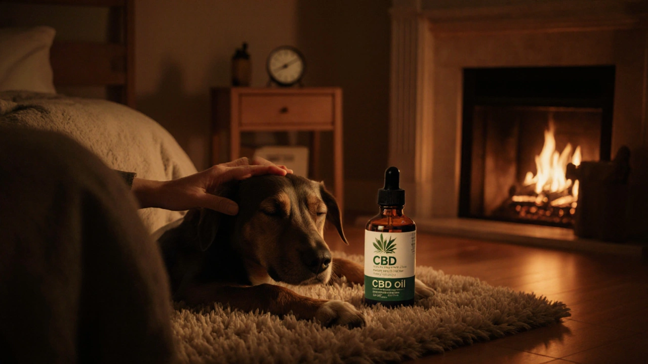 Entspannter Hund liegt am Kamin, CBD‑Flasche und Uhr im Hintergrund.