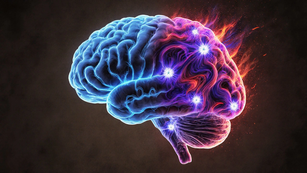 Gehirn mit zwei unterschiedlich beleuchteten Seiten: ruhig blau für CBD, intensiv violett für THC-P.