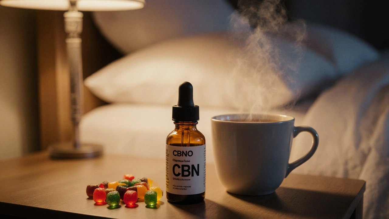 Gemütliche Nachttischszene mit CBN‑Gummies, Tropfenflasche und Kamillentee.