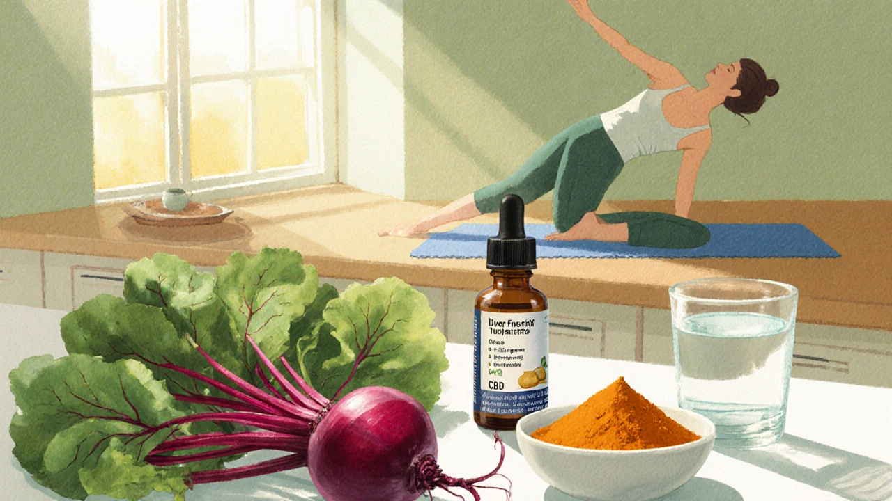 Gesunde Küche mit Gemüse, CBD‑Öl und jemand, der Yoga macht, symbolisiert leberfreundliche Prävention.