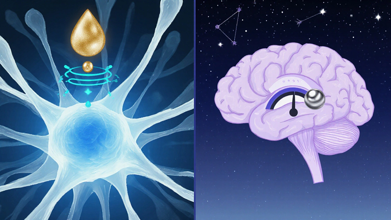 Geteilte Illustration von CBN‑Einfluss auf CB1‑Rezeptoren und Melatonin‑Bindung im Hypothalamus.