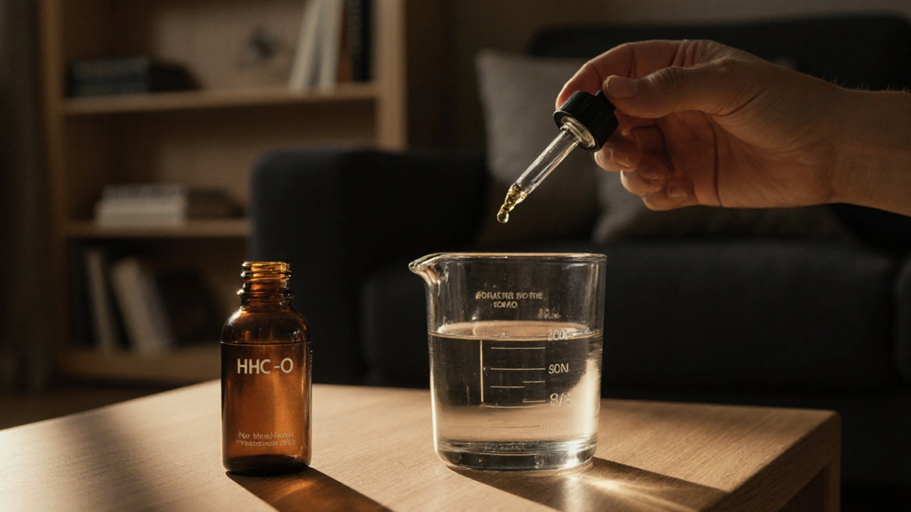 Hausinterieur mit HHC‑O‑Ölflasche, Tropfer und Dosierungshand, gemütliche Beleuchtung.