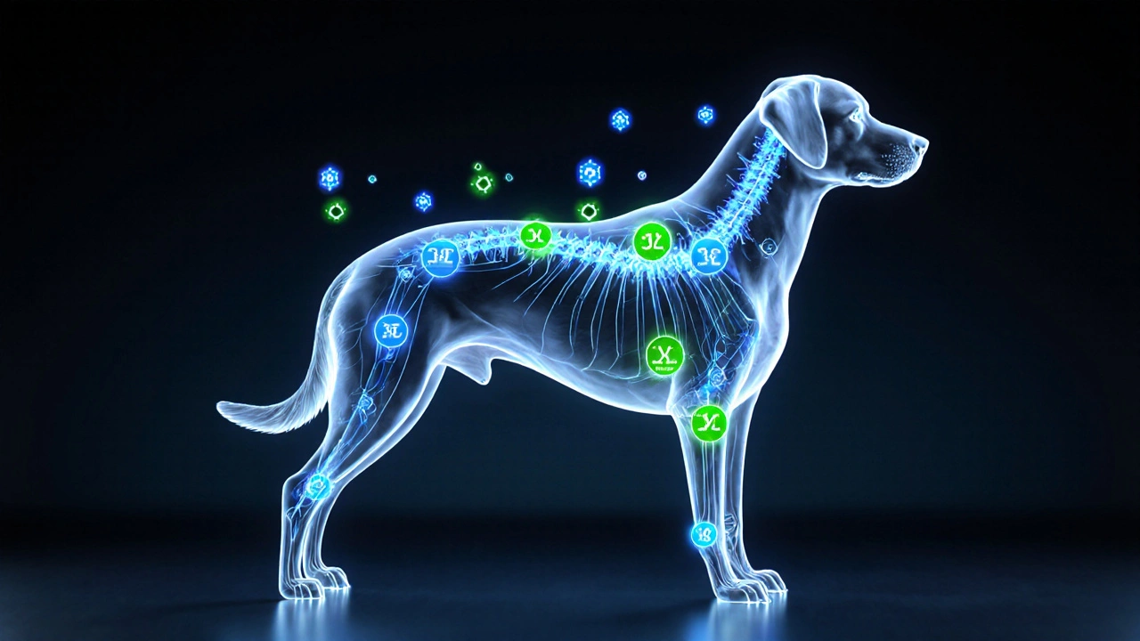 Illustration des Endocannabinoid‑Systems eines Hundes mit leuchtenden Rezeptoren.