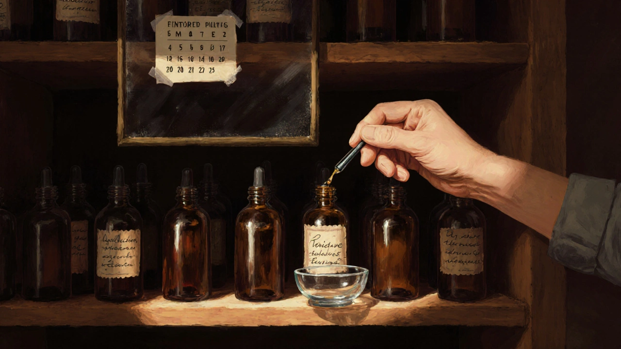Illustration einer dunklen Vorratskammer mit mehreren Tinkturflaschen, Hand greift nach einer Flasche zum Prüfen.