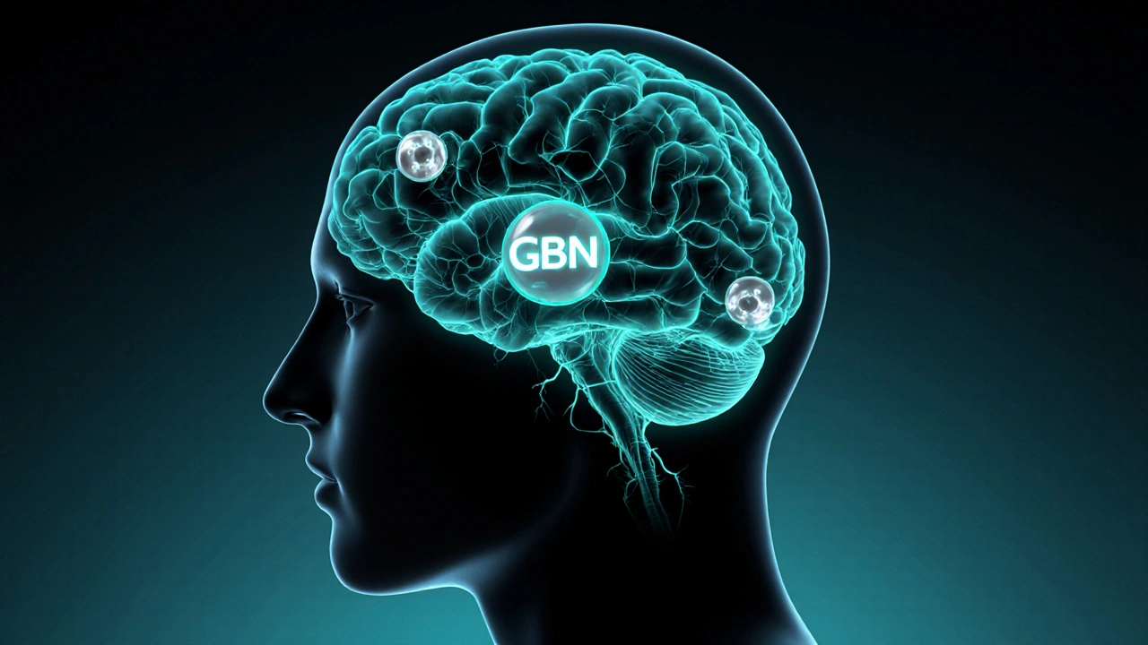 Illustration eines Gehirns, das von CBN‑Molekülen beruhigend umgeben ist.