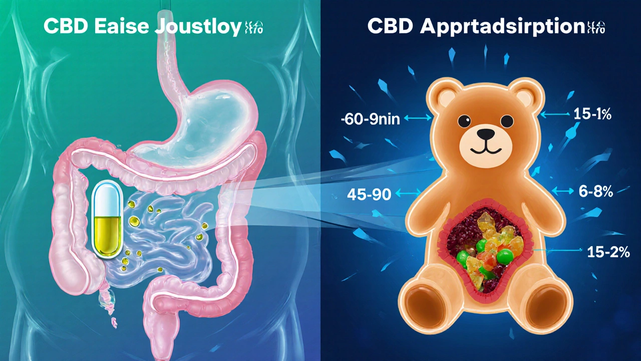 Illustration zeigt Verdauungsweg von CBD‑Kapsel und -Gummibonbon mit Zeit‑ und Wirkungsangaben.