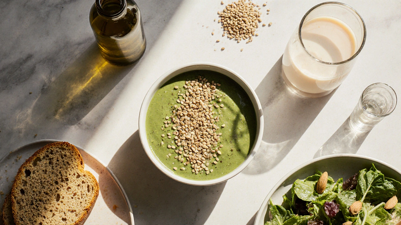 Küchentisch mit Smoothie, Brot, Salat und Hanföl, alle mit Hanfsamen garniert.