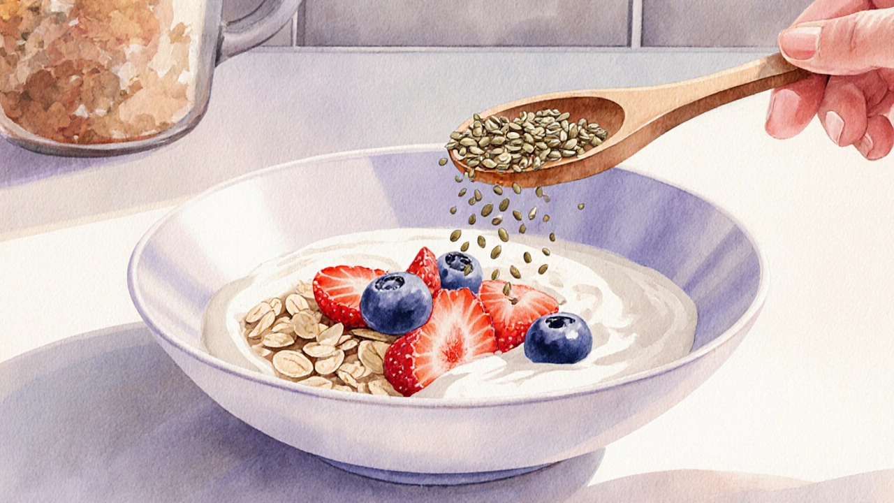 Löffel streut Hanfsamen über ein Joghurt‑Müsli, warme Küche, gemütliche Stimmung.