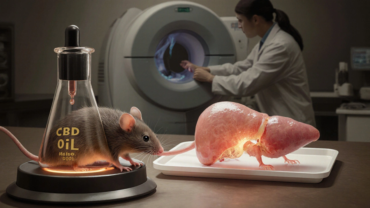 Mausleber nach CBD‑Behandlung, deutlich weniger Fett, im Labor mit Forscher und Gerät.