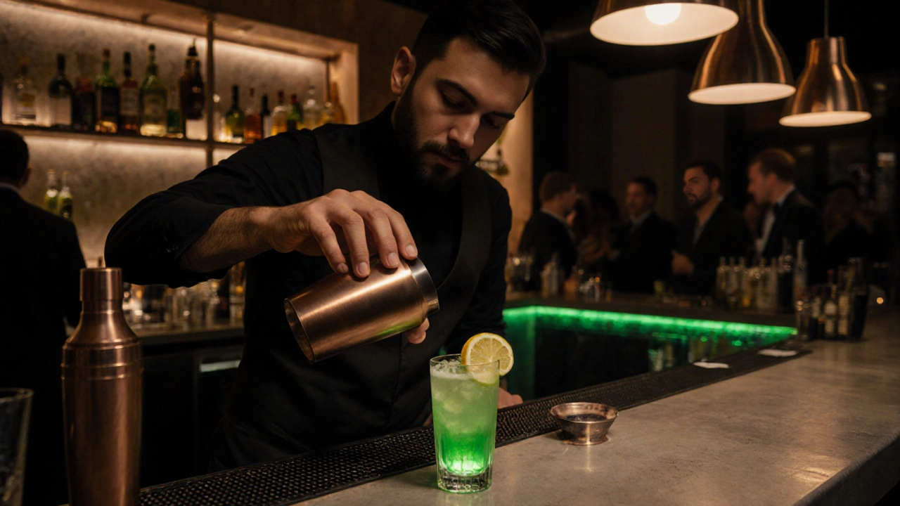 Modere Bar, Barkeeper mixt Green Fairy Fizz, neon‑grün leuchtendes Absinthe.