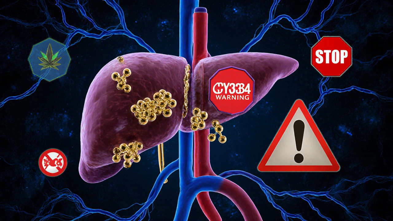 Molekulare Darstellung von CBD, das Leberenzyme stört, mit Warnsymbolen in einem medizinischen Kontext.