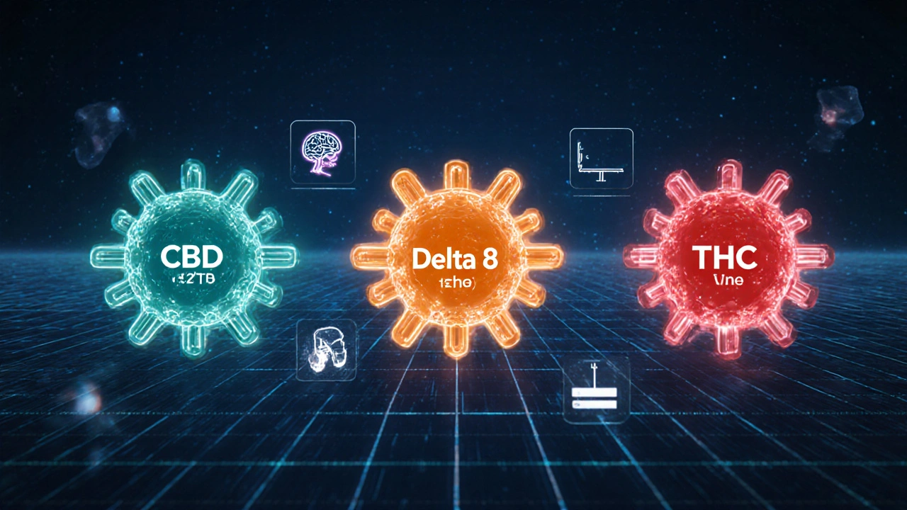 Molekulare Darstellungen von CBD, Delta‑8‑THC und Delta‑9‑THC an CB1‑Rezeptoren.
