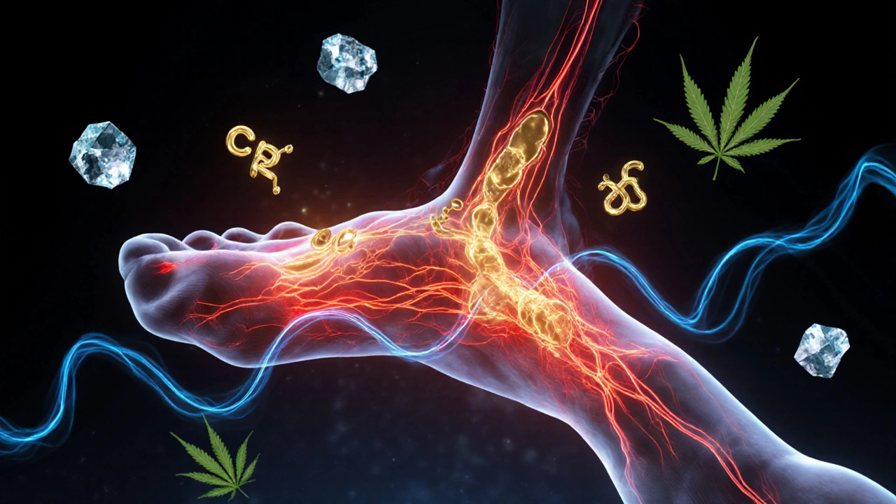 Nervenenden in der Fußhaut, durch CBG-Moleküle beruhigt.