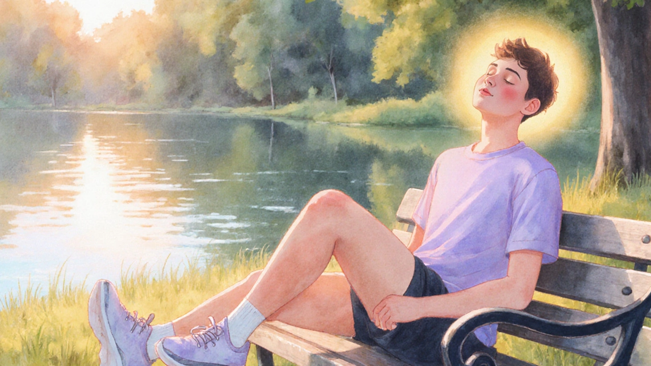 Person entspannt nach dem Sport, leichte Aura, klare Gedanken, sonniger Park im Hintergrund.