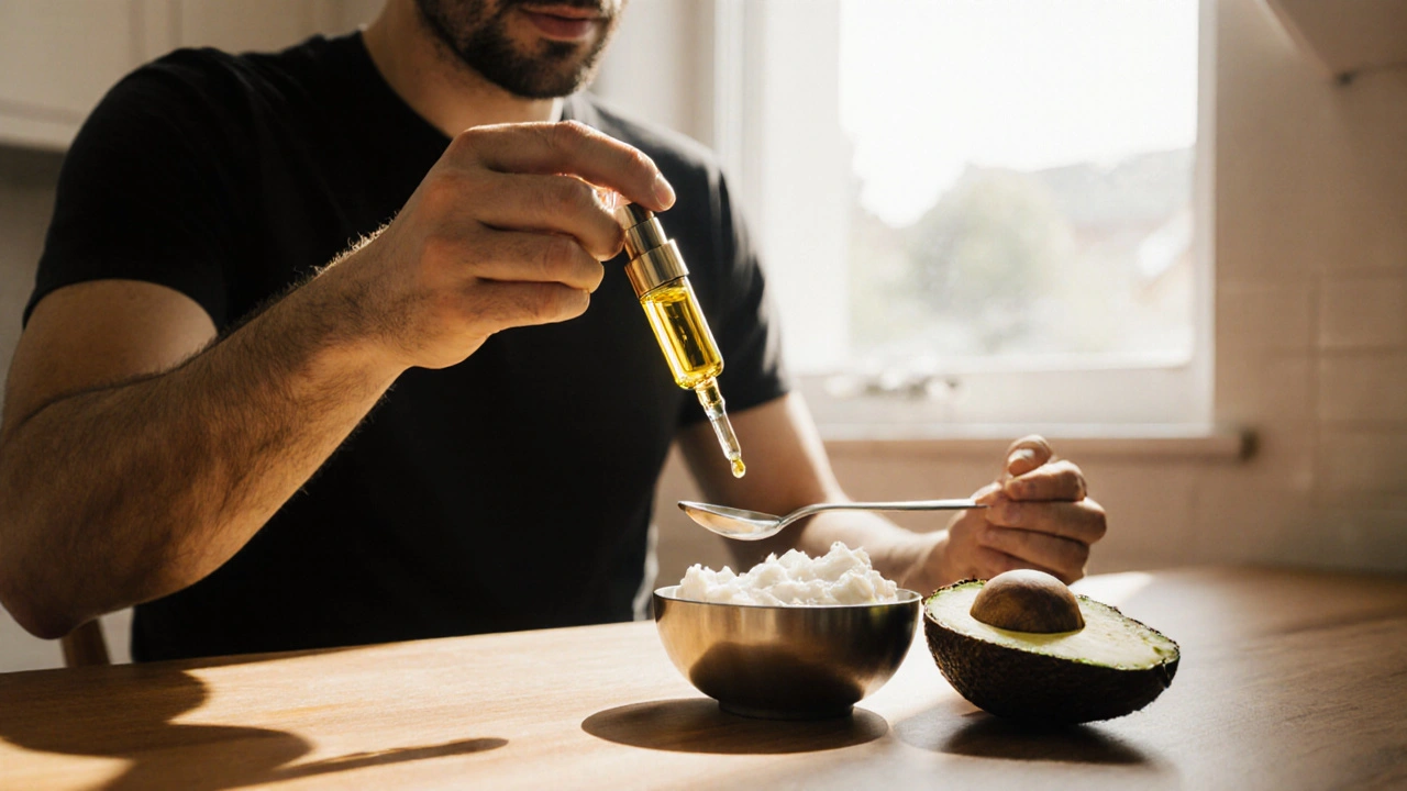 Person nimmt CBG‑Öl zusammen mit Kokosöl und Avocado zu sich.