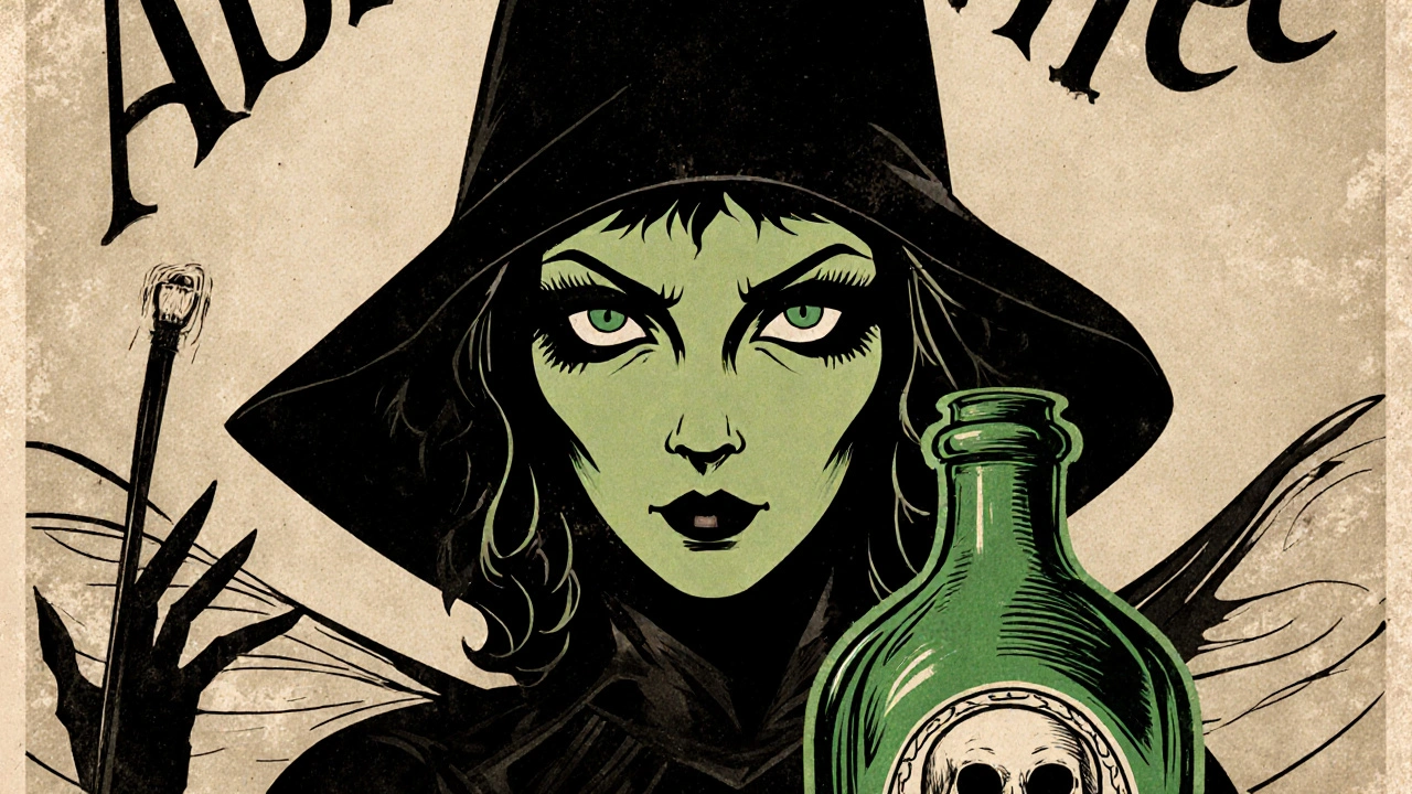 Retro‑Poster zeigt bedrohliche Grüne Fee über einer Absinthe‑Flasche.