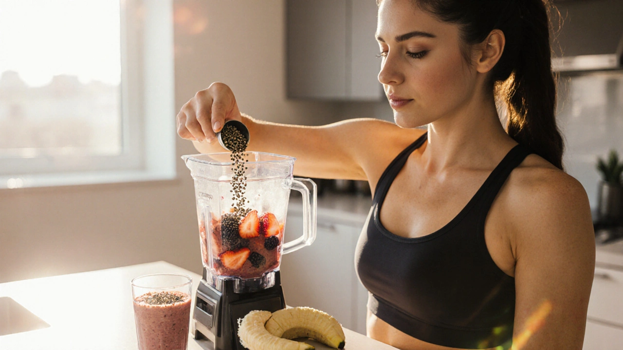 Sportliche Frau mixt einen Smoothie mit Hanfsamen, strahlendes Licht, gesunde Atmosphäre.