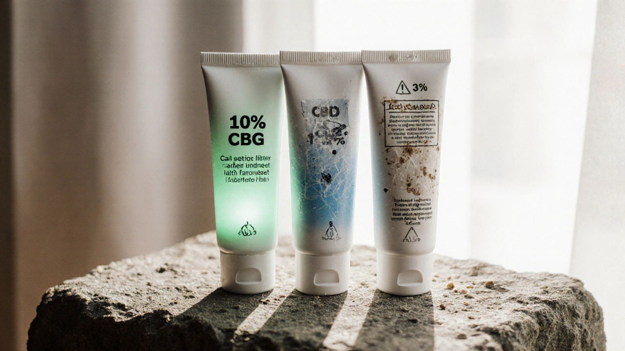 Vergleich von CBG-, CBD- und minderwertigen Cremes auf Stein.