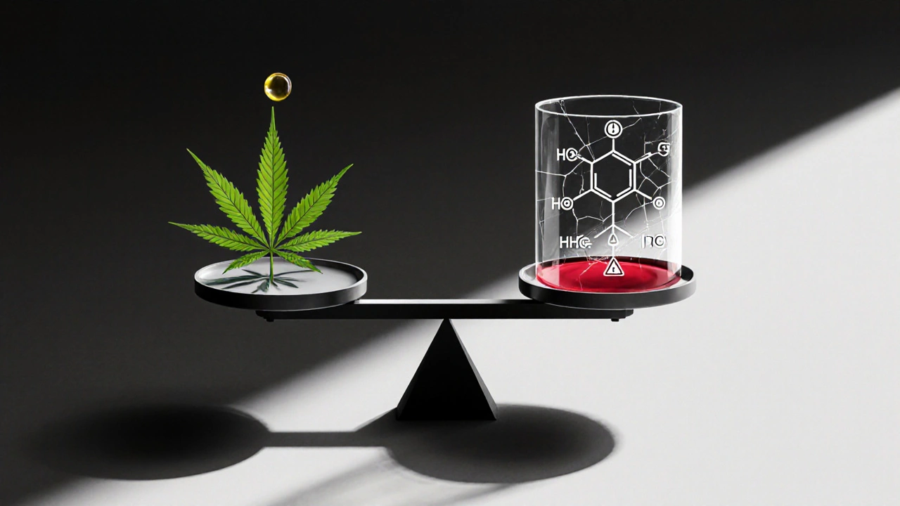 Waage mit Hanfblatt und CBD-Tropfen gegenüber einer synthetischen Chemikalie mit Warnsymbolen.