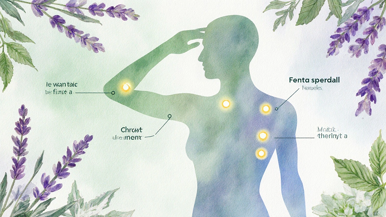 Wasserfarbige Darstellung der fünf empfohlenen Auftragsstellen für CBD‑Balsam.