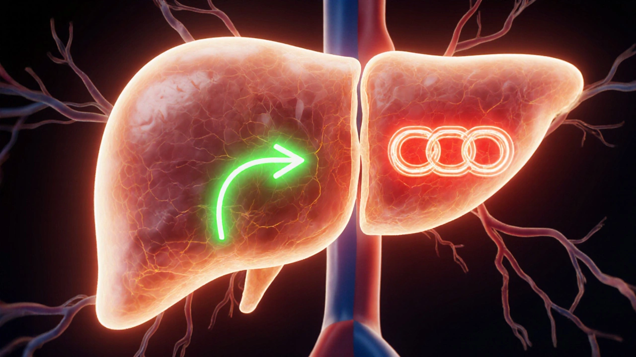Abstrakte Darstellung der Leber mit blockiertem Abbauweg von Viagra durch CBD-Moleküle in roten Ketten.