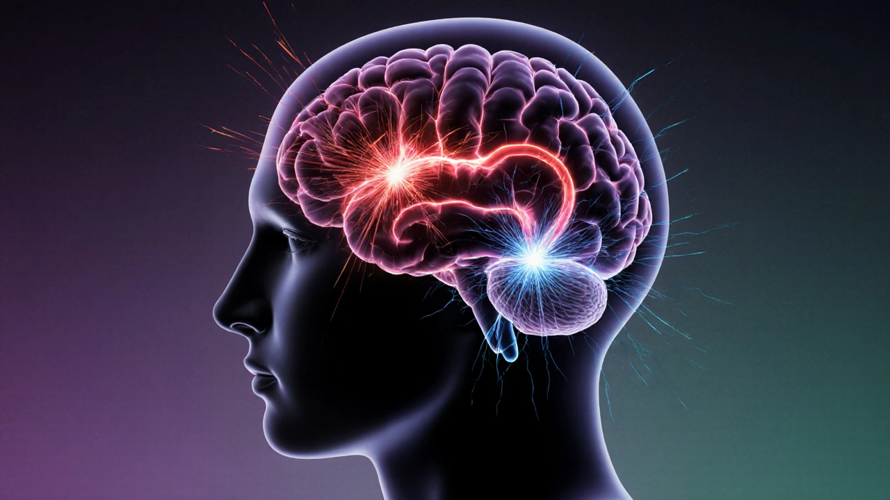 Abstrakte Darstellung eines Gehirns mit zwei unterschiedlichen Cannabinoid-Wegen: ruhig blau und chaotisch rot.