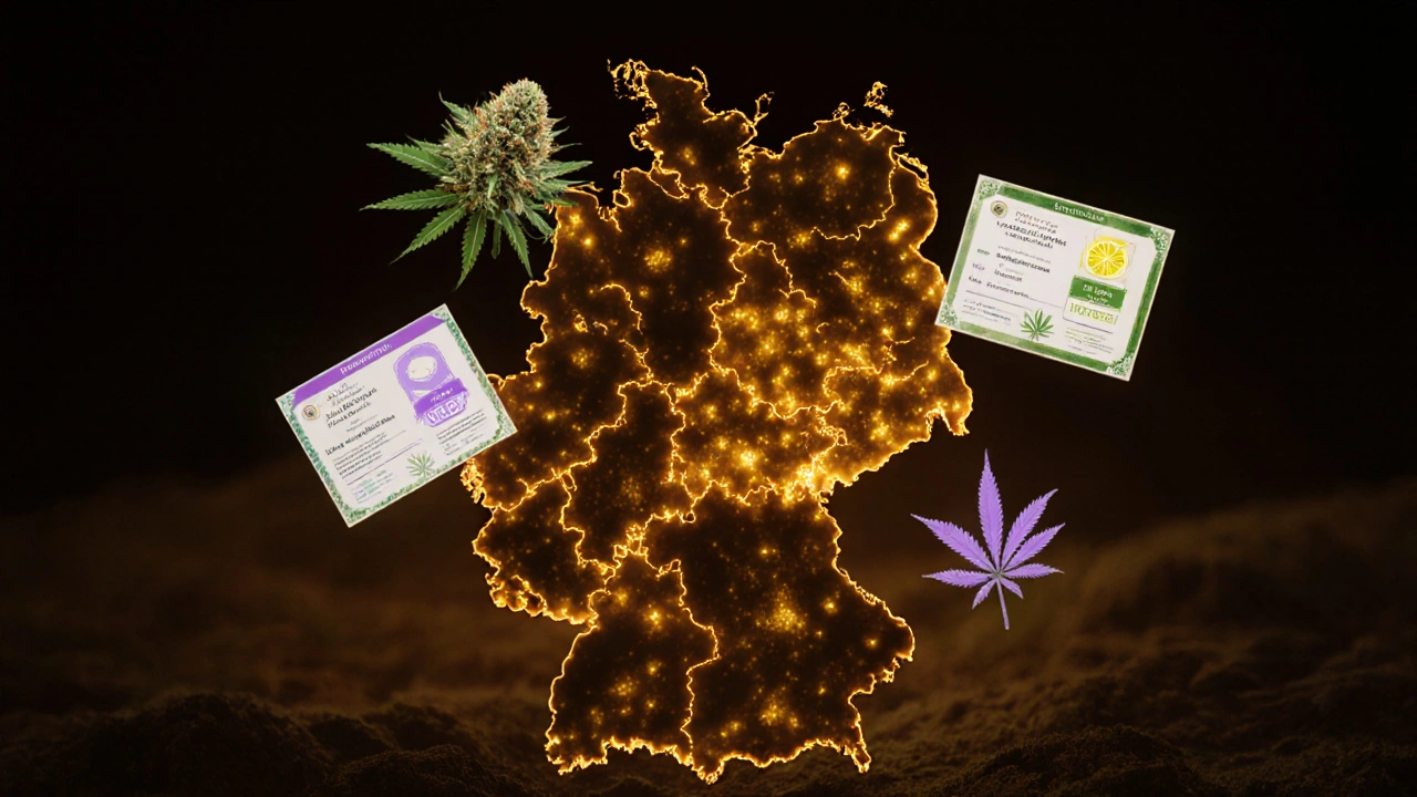 Abstrakte Deutschlandkarte mit leuchtenden Regionen für CBD-Käufe, Blüten und Laborzertifikate schweben darüber.