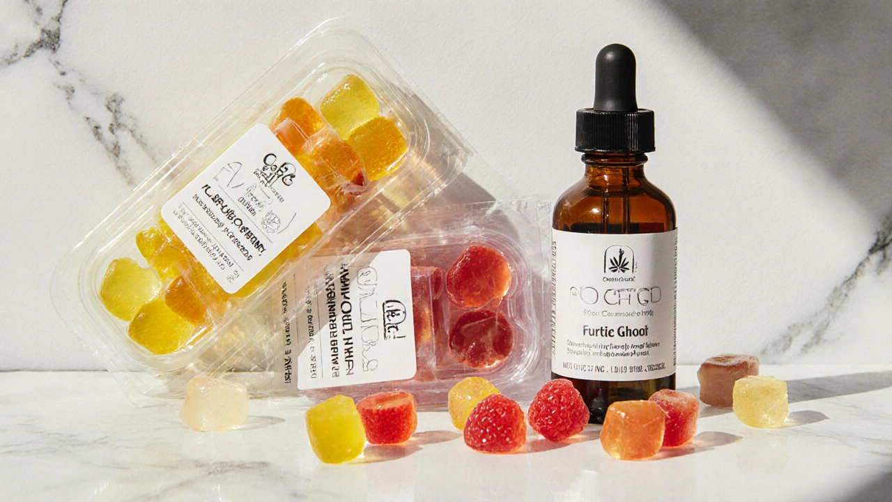 Bunte CBD-Gummibärchen in Zitrone, Himbeere und Apfel in durchsichtigem Verpackungsmaterial.