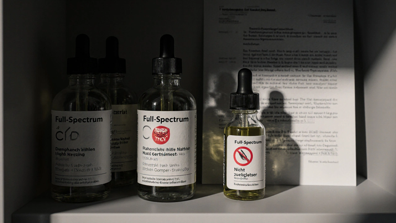 CBD-Öle auf einer deutschen Apothekenregal, mit einem markierten THCV-Produkt und rechtlichem Hinweis.