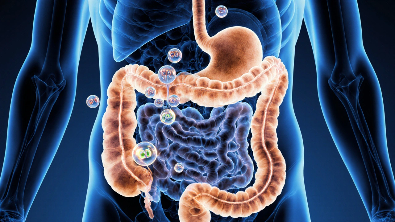 Darstellung des Darmes mit CBD-Molekülen und Gasblasen aus fermentierenden Ballaststoffen.