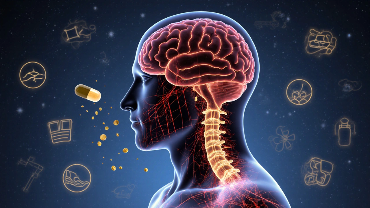 Der menschliche Körper mit leuchtendem Endocannabinoïd-System, das von CBD-Partikeln aktiviert wird.