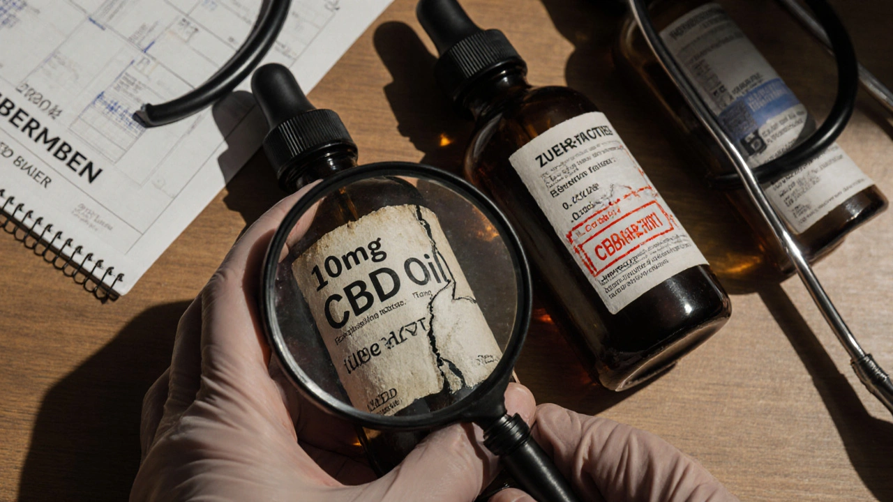 Drei CBD-Flaschen mit unterschiedlichen Etiketten und Laborbericht, vergrößert mit Lupe.