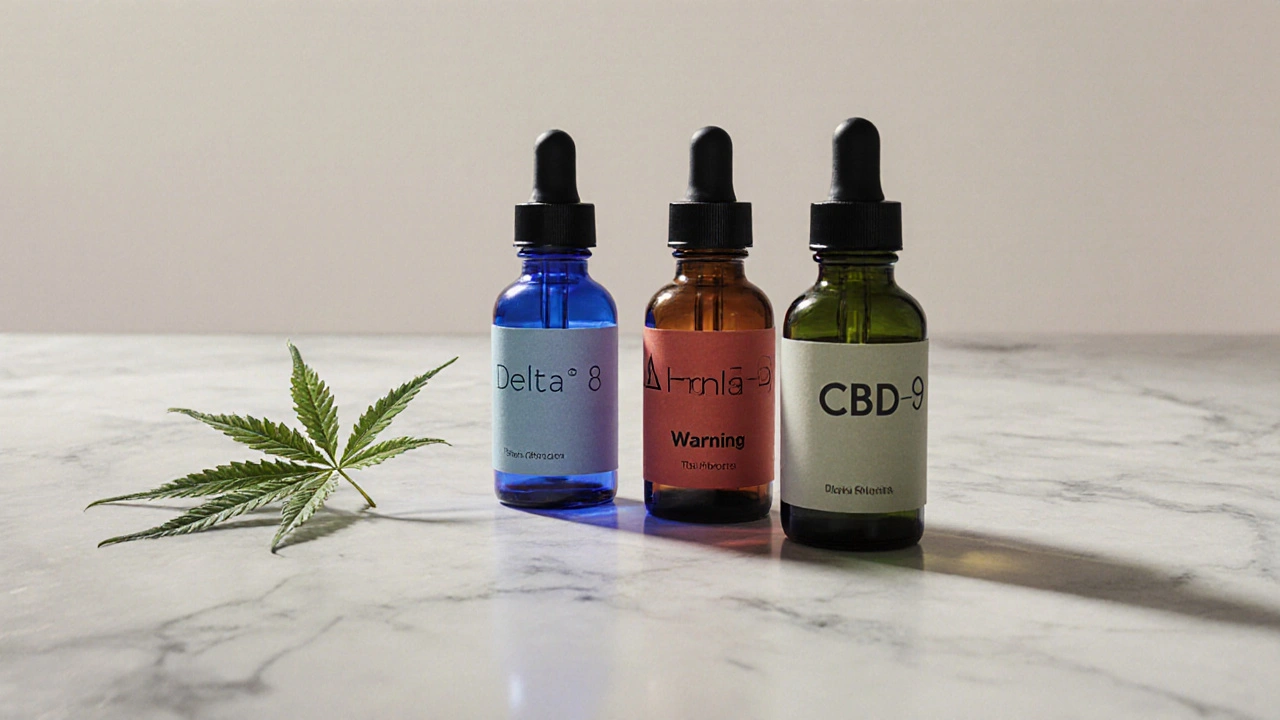 Drei Fläschchen mit Delta-8, Delta-9 und CBD auf einem Marmoruntersetzer, neben einem Hanfblatt.