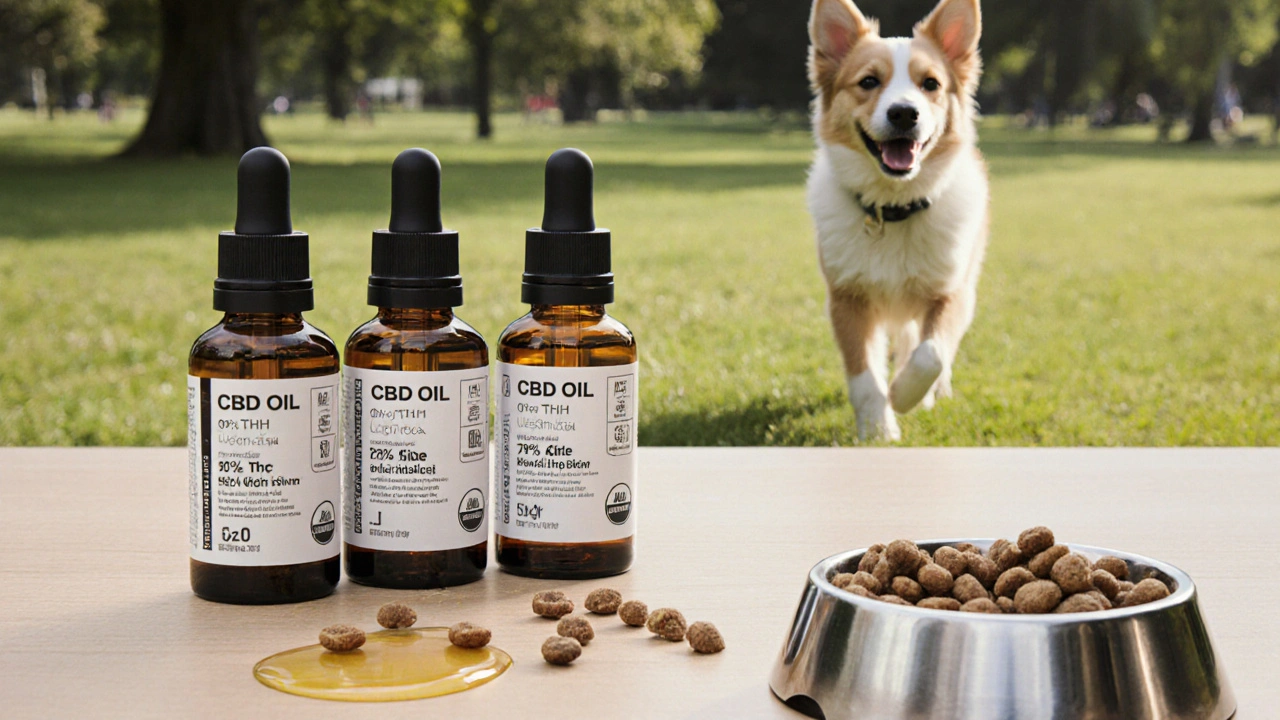 Drei zertifizierte CBD-Ölflaschen neben Hundefutter, während ein Hund mutig in den Park geht.