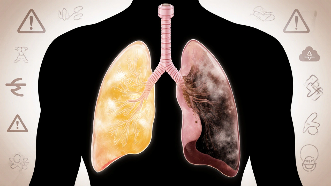 Durchsichtiges Lungenmodell: eine Seite mit reinem CBD-Dampf, andere mit schwarzem Ruß und Schadstoffen.