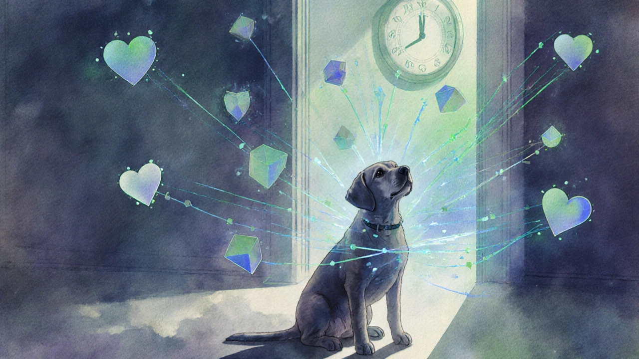 Ein Hund in friedlicher Pose, umgeben von Lichtmustern, die sein Nervensystem symbolisieren, während sich eine Tür schließt.