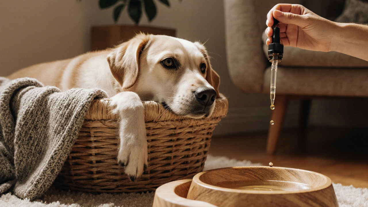 Ein Hund ruht in einem Korb mit einem Kleidungsstück, daneben wird CBD-Öl vorsichtig abgemessen.