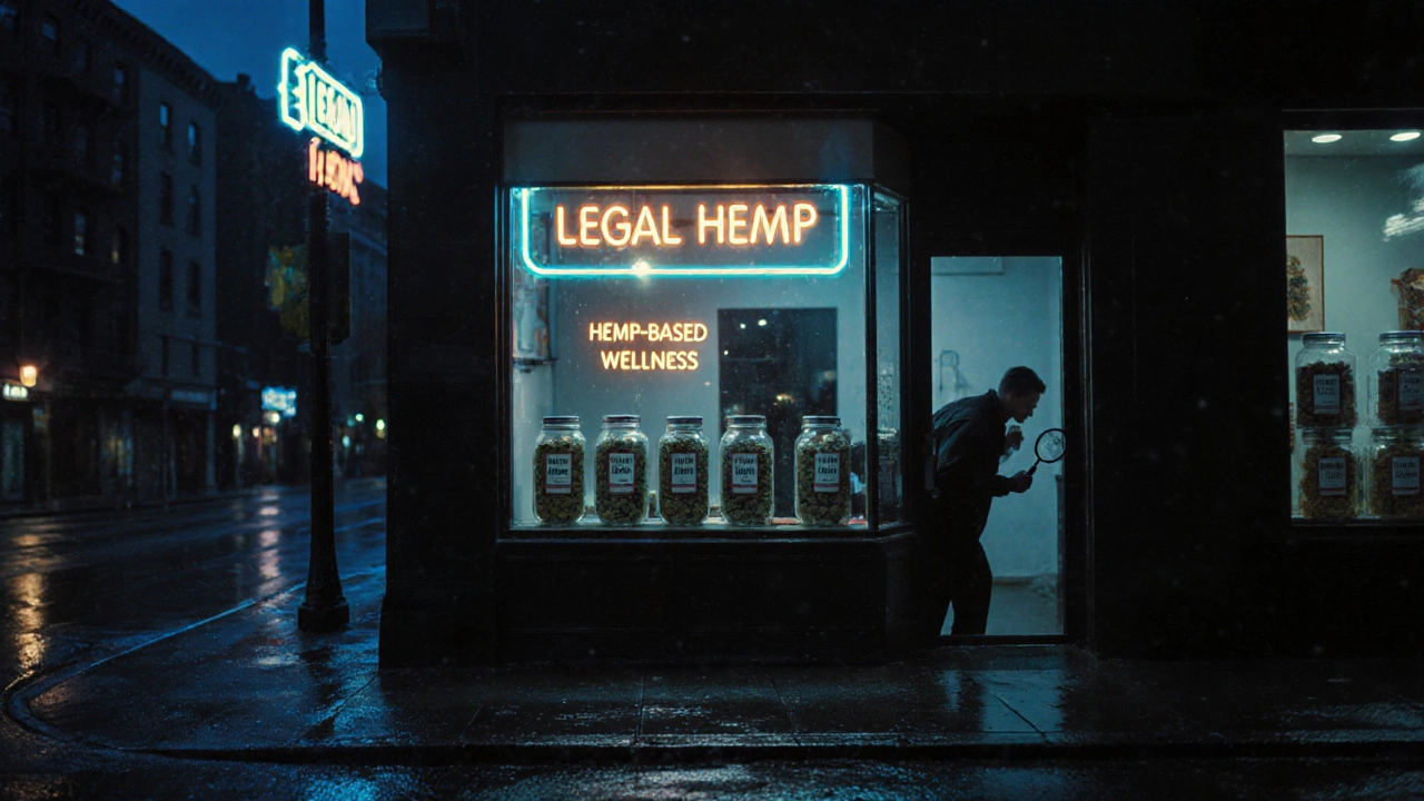 Ein Ladenfenster mit THCa-Produkten in der Stadt, neonbeleuchtet, Regen auf der Straße, düstere Stimmung.