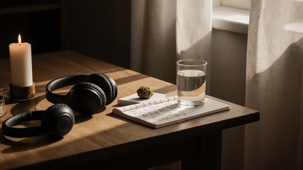 Ein Tisch mit einer Cannabis-Edible, einem Notizbuch und Kopfhörern in einer ruhigen, kerzenbeleuchteten Umgebung.
