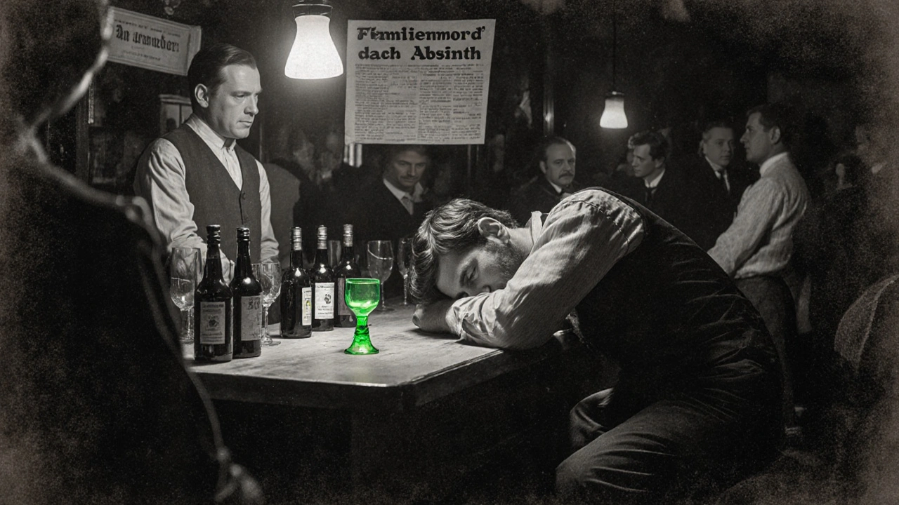 Ein trauriger Mann in einer Schweizer Kneipe, umgeben von leeren Flaschen, während eine Zeitung über einen Mord berichtet.