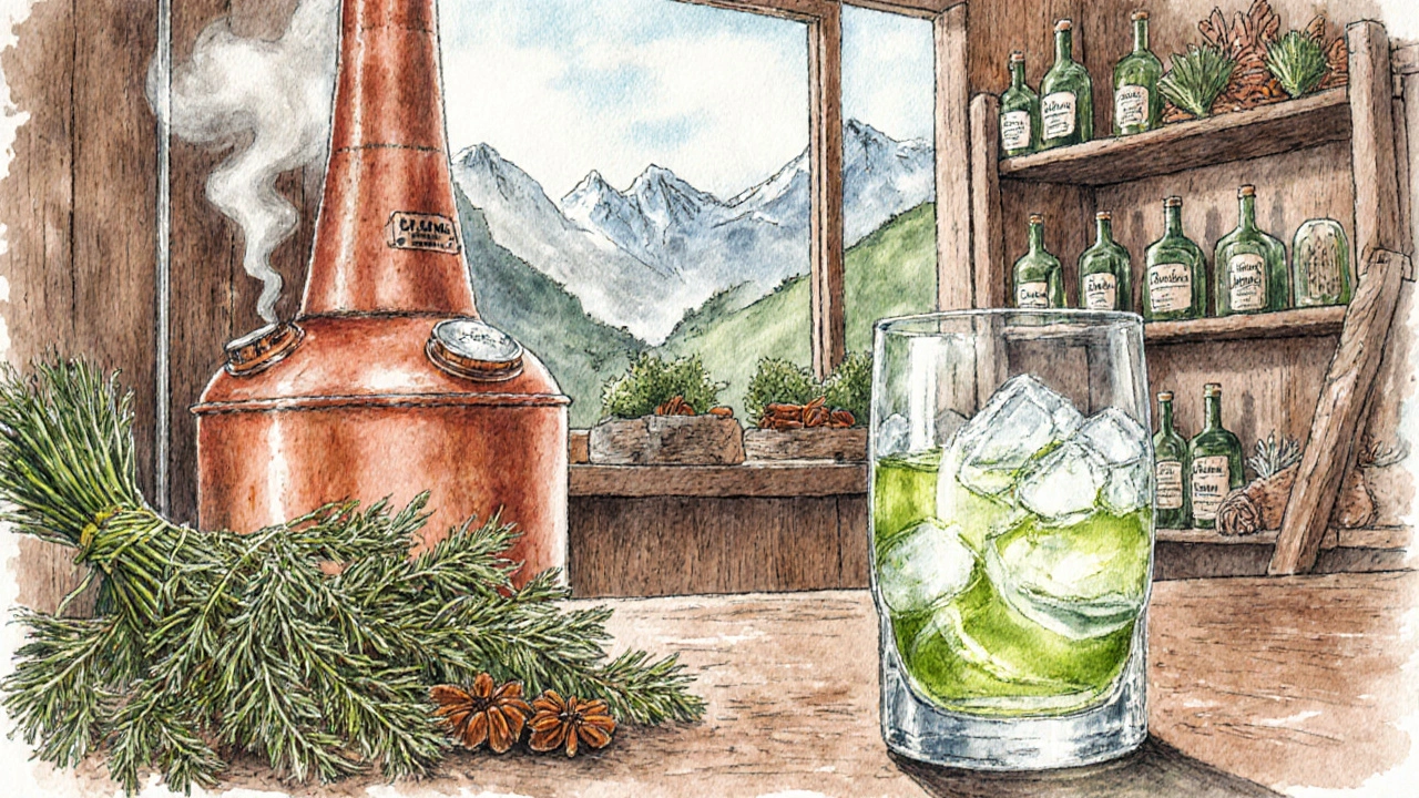 Eine moderne Destille in den Schweizer Alpen mit Kupferbrennblasen und frischen Kräutern, während Absinth langsam verdünnt wird.