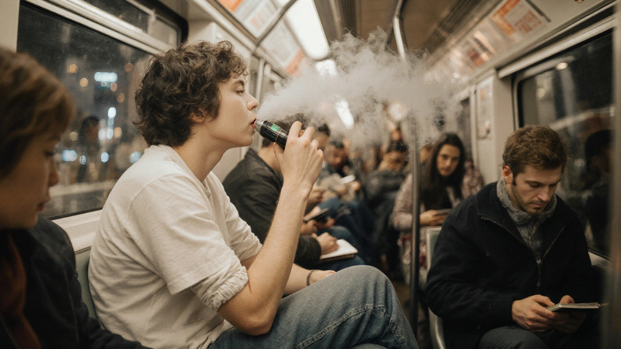 Eine Person dampft diskret in der U-Bahn, niemand bemerkt es.