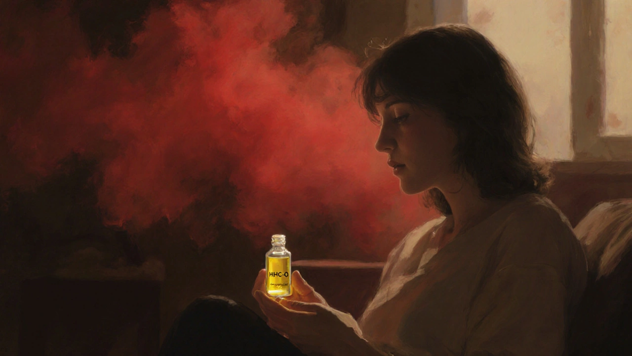 Eine Person hält sanft HHC-O-Öl, während eine intensive rote Wolke von Delta-9-THC hinter ihr schwebt.