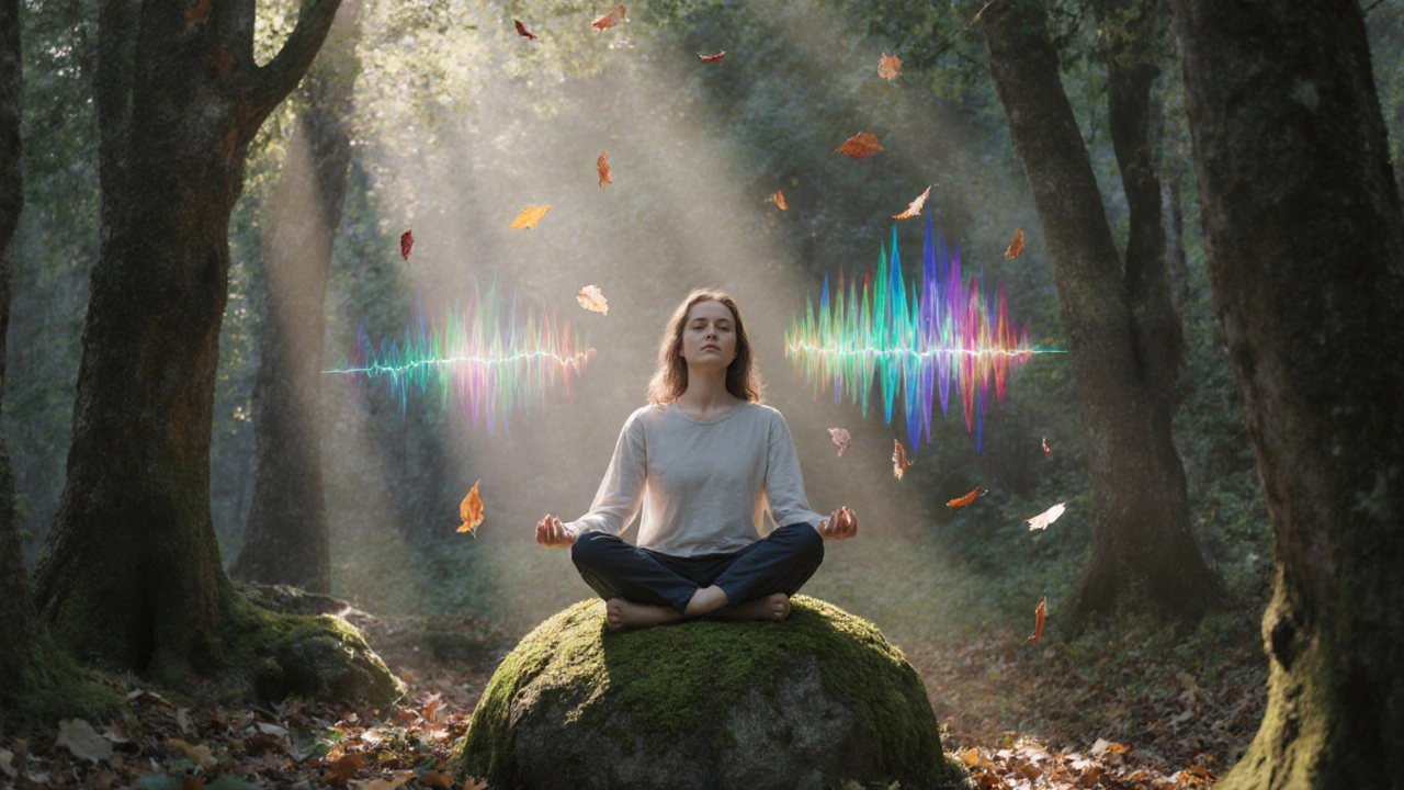 Eine Person in der Natur, die meditativ atmet, umgeben von subtilen visuellen Verzerrungen, die verändertes Bewusstsein symbolisieren.